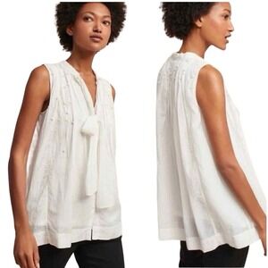 Anthropologie Feather Bone Leonie Pearled Tie-Neck Tunic Blouse Ivory Sz X-Small